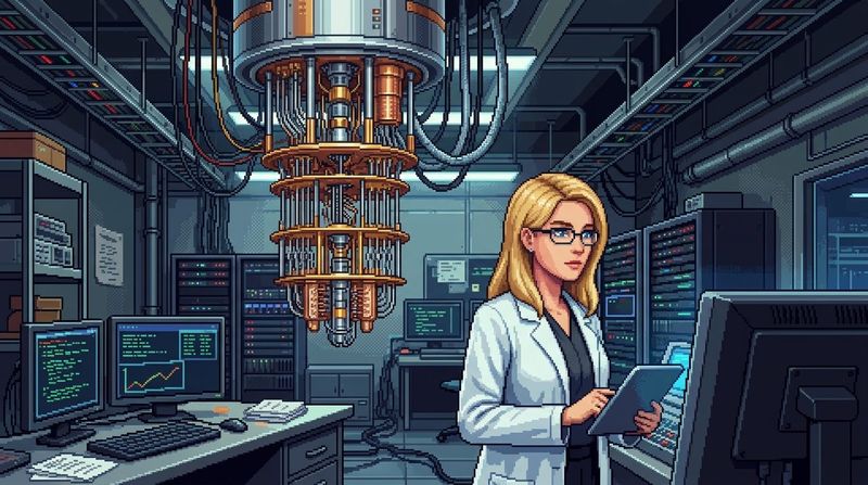 Pixel art of a quantum lab. A dilution refrigerator hangs from the ceiling, its gold plates strung with cables, above racks of blinking servers. A scientist in a white coat and glasses reads a tablet beside a desk of monitors showing code and a graph.