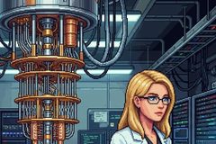 Pixel art of a quantum lab. A dilution refrigerator with gold plates hangs beside a scientist in a white coat reading a tablet.