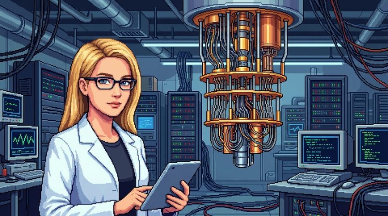 Pixel art of a scientist in a white coat and glasses holding a tablet in a quantum lab. Behind her a dilution refrigerator hangs from the ceiling, gold plates strung with cables, between racks of servers and monitors of code.