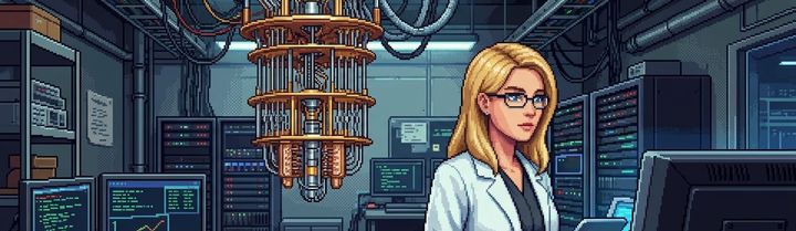 Pixel art of a scientist in a white coat and glasses in a quantum lab, beside a dilution refrigerator hung with gold plates and cables.